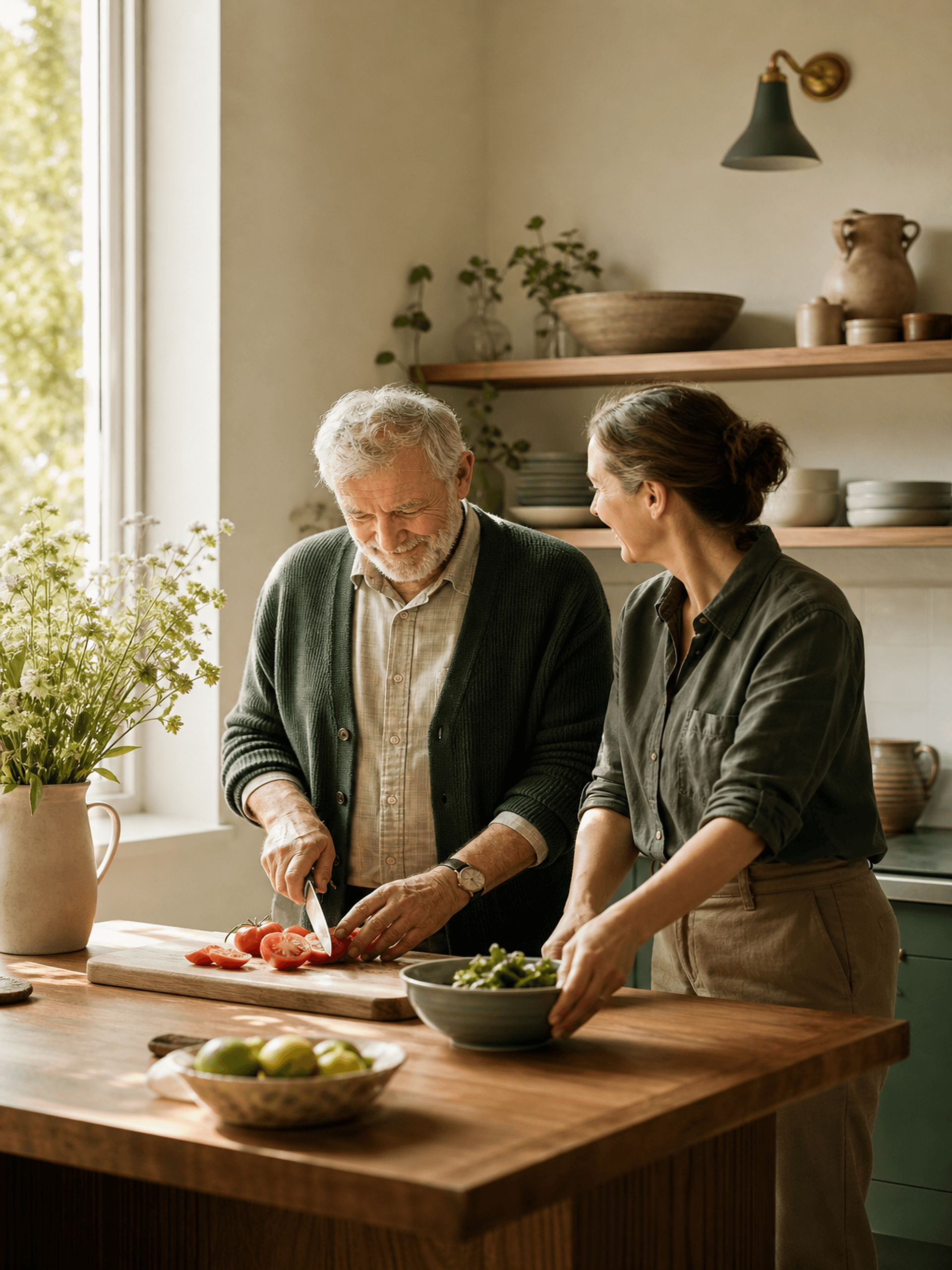 A caregiver and an older man preparing a meal together in his own kitchen