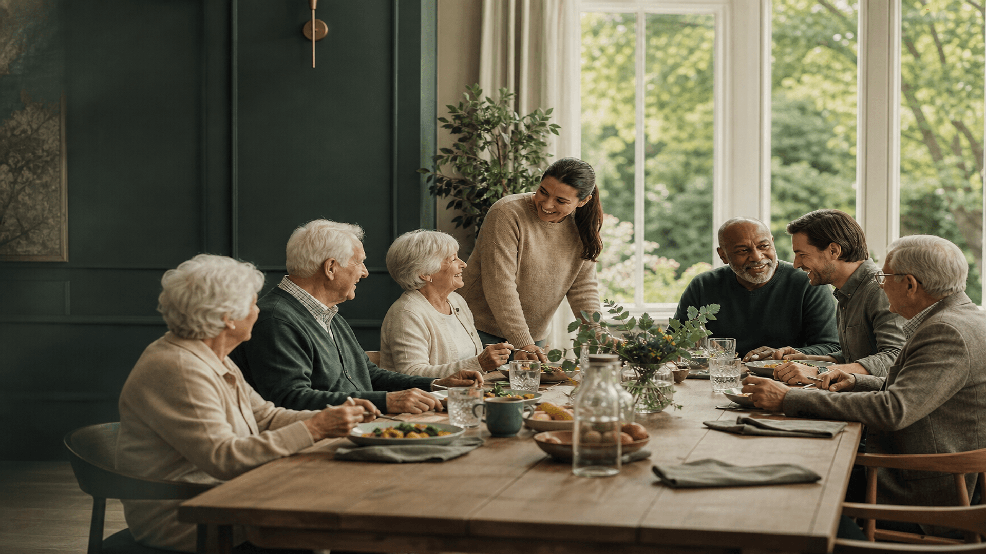 Residents and staff sharing lunch at a long communal table in a light-filled dining room