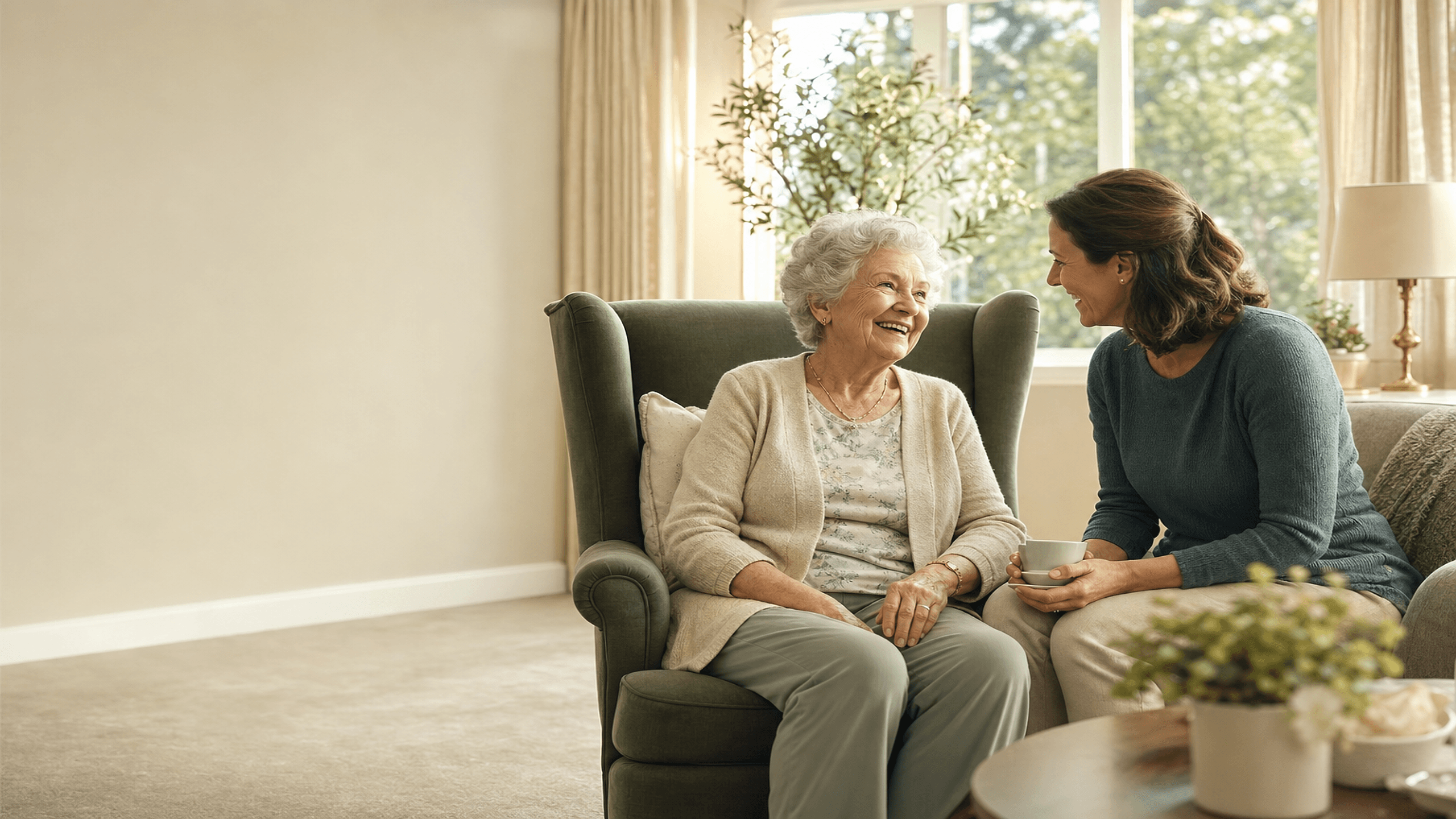 An older woman and her caregiver sitting together over tea in a sunlit garden room