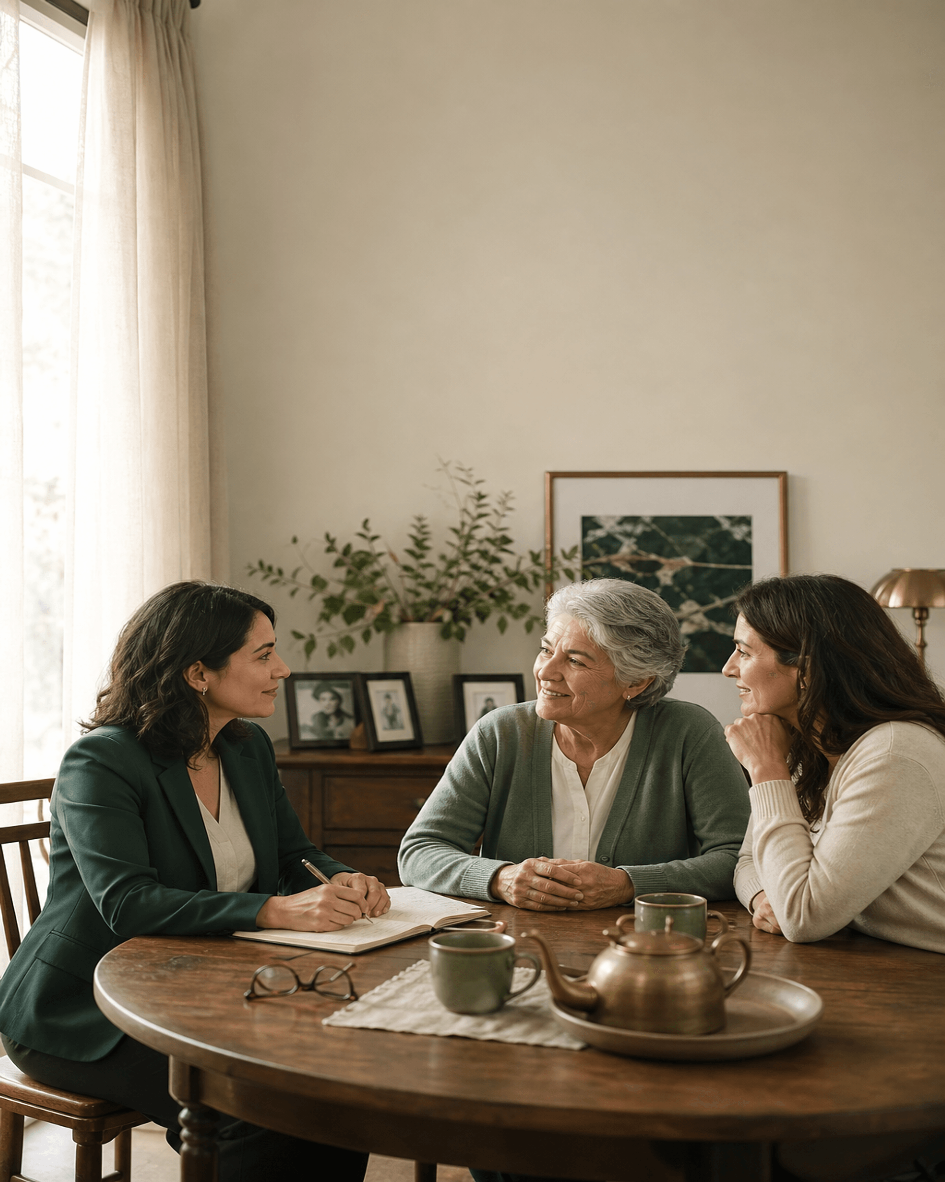 A care manager working through a care plan with an adult daughter and her mother at a home dining table