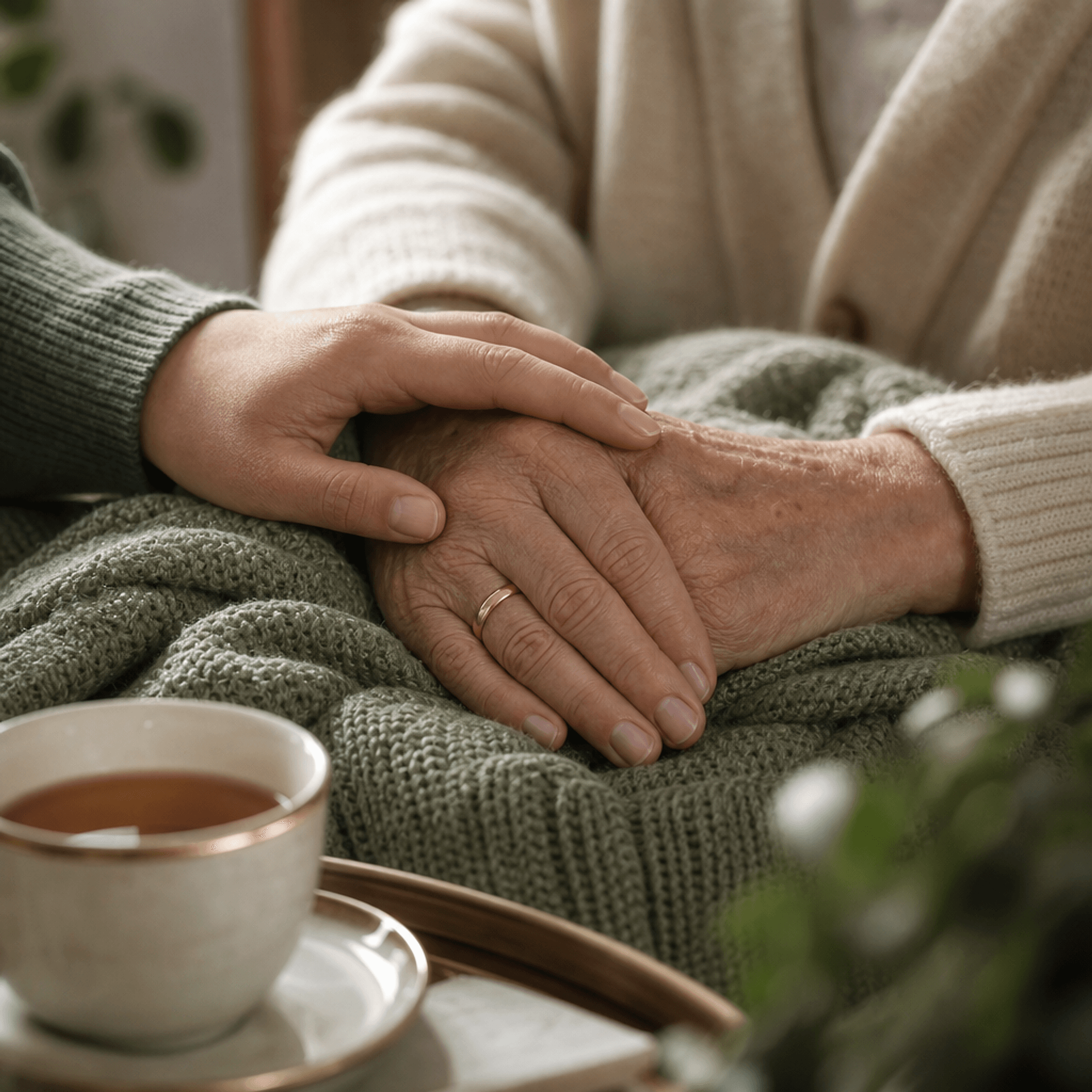 An older woman's hands resting on a knitted blanket with a caregiver's hand nearby